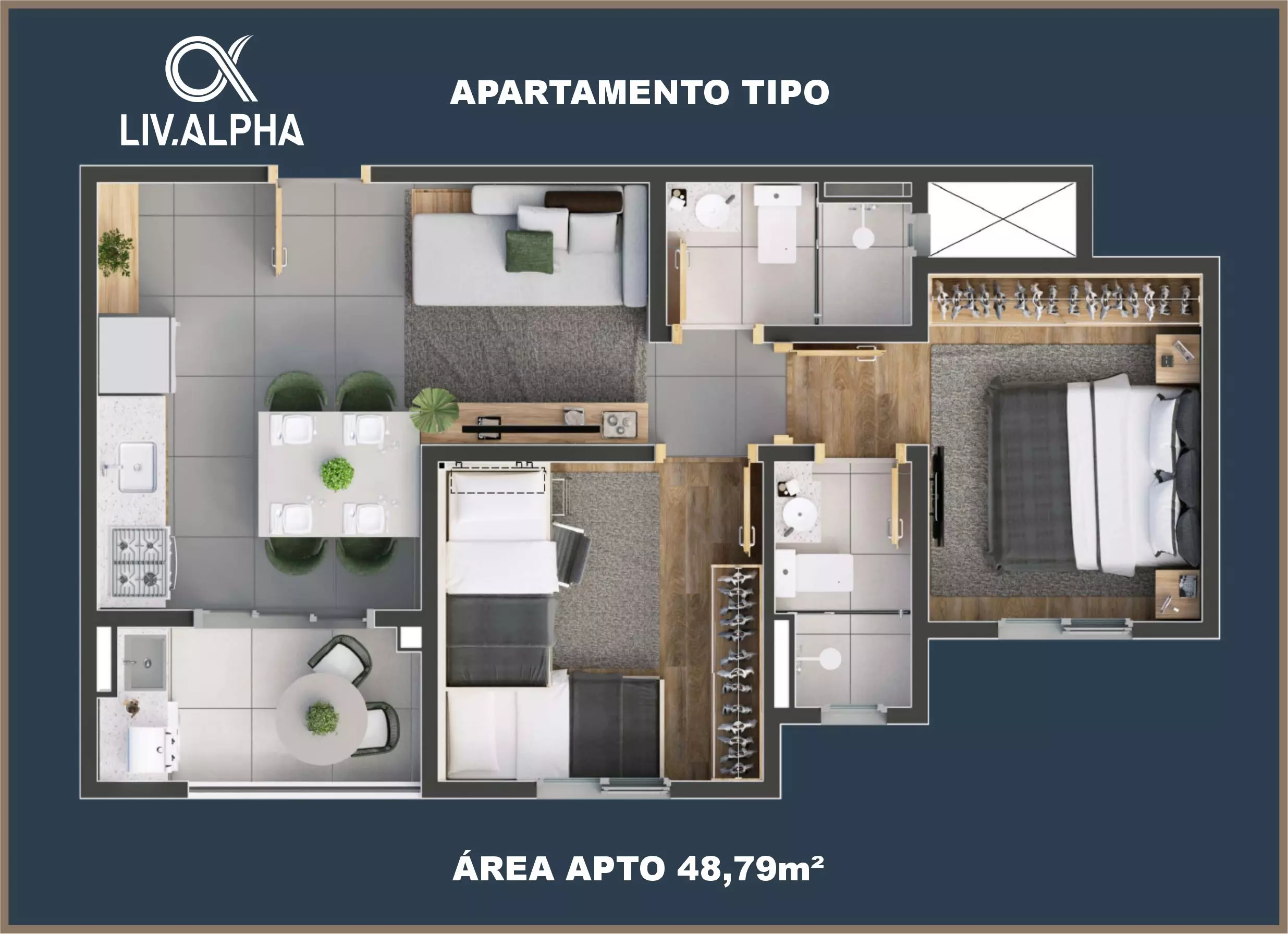 Planta tipo de 48,79 metros quadrados
