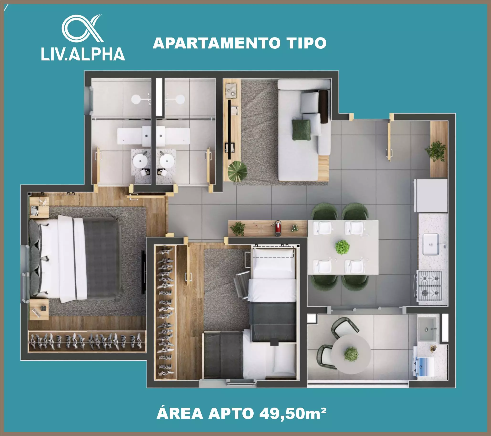 Planta tipo de 49,50 metros quadrados